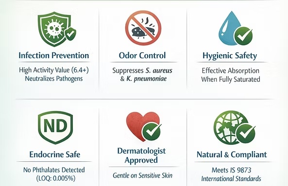 Product feature graphic supplied by Celligo showing infection prevention, odor control and hygiene safety